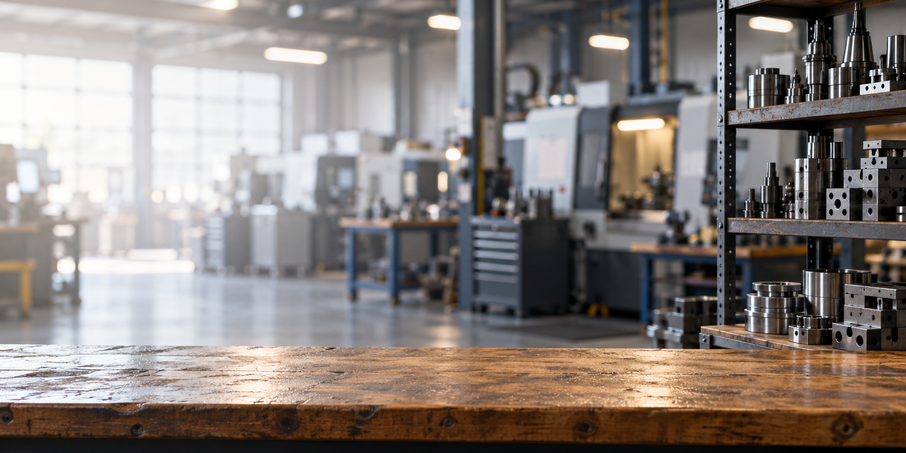 Unbranded workshop scene with tooling and a workbench